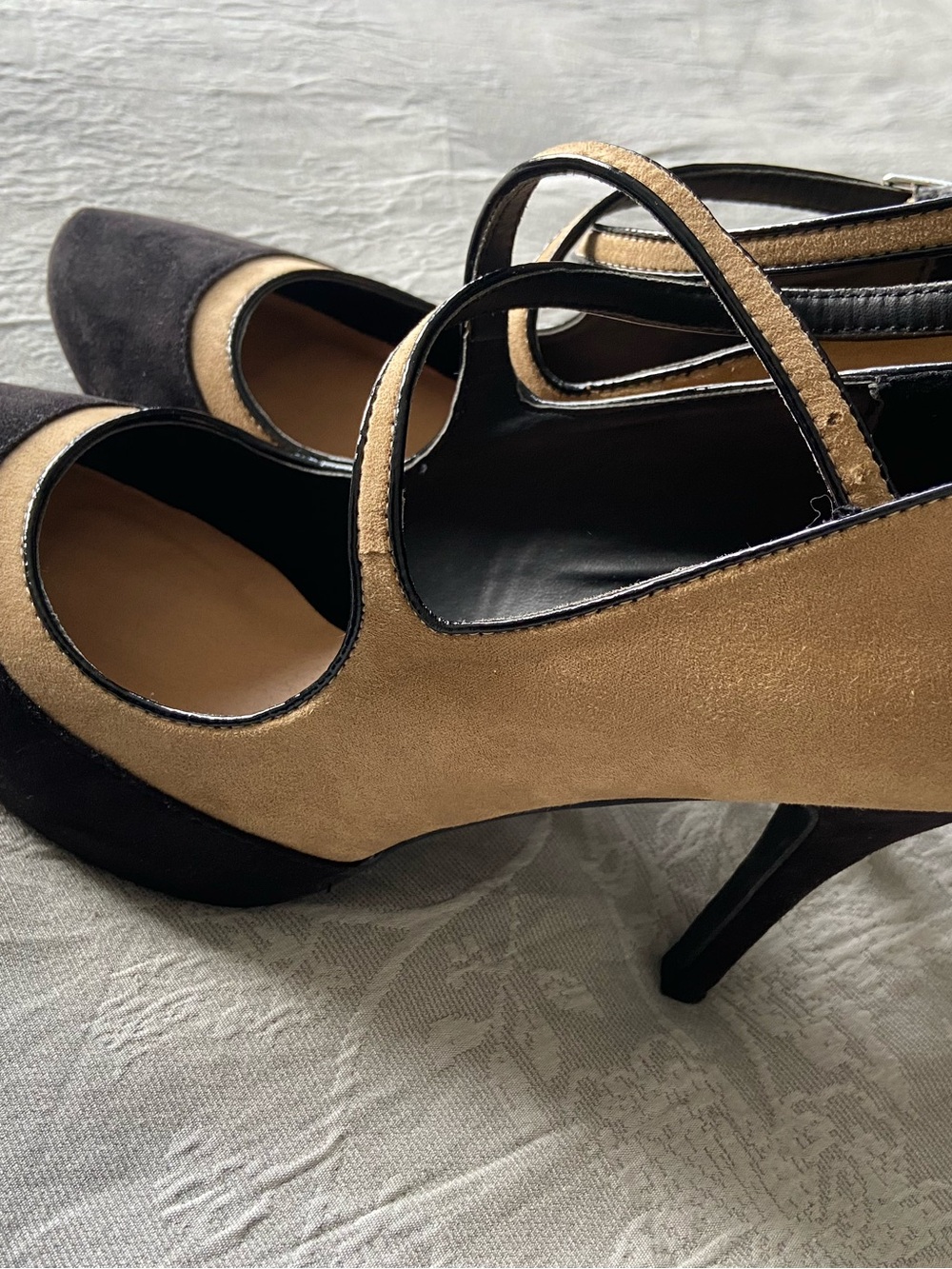 Mary Jane Two-Tone Black and Tan Suede High Heels - Picture 3 of 7